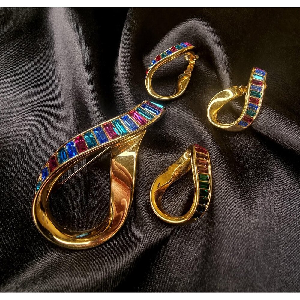 SWAROVSKI 90's Gold Crystal Vintage Brooch Earrings Pendant (Parure Set)